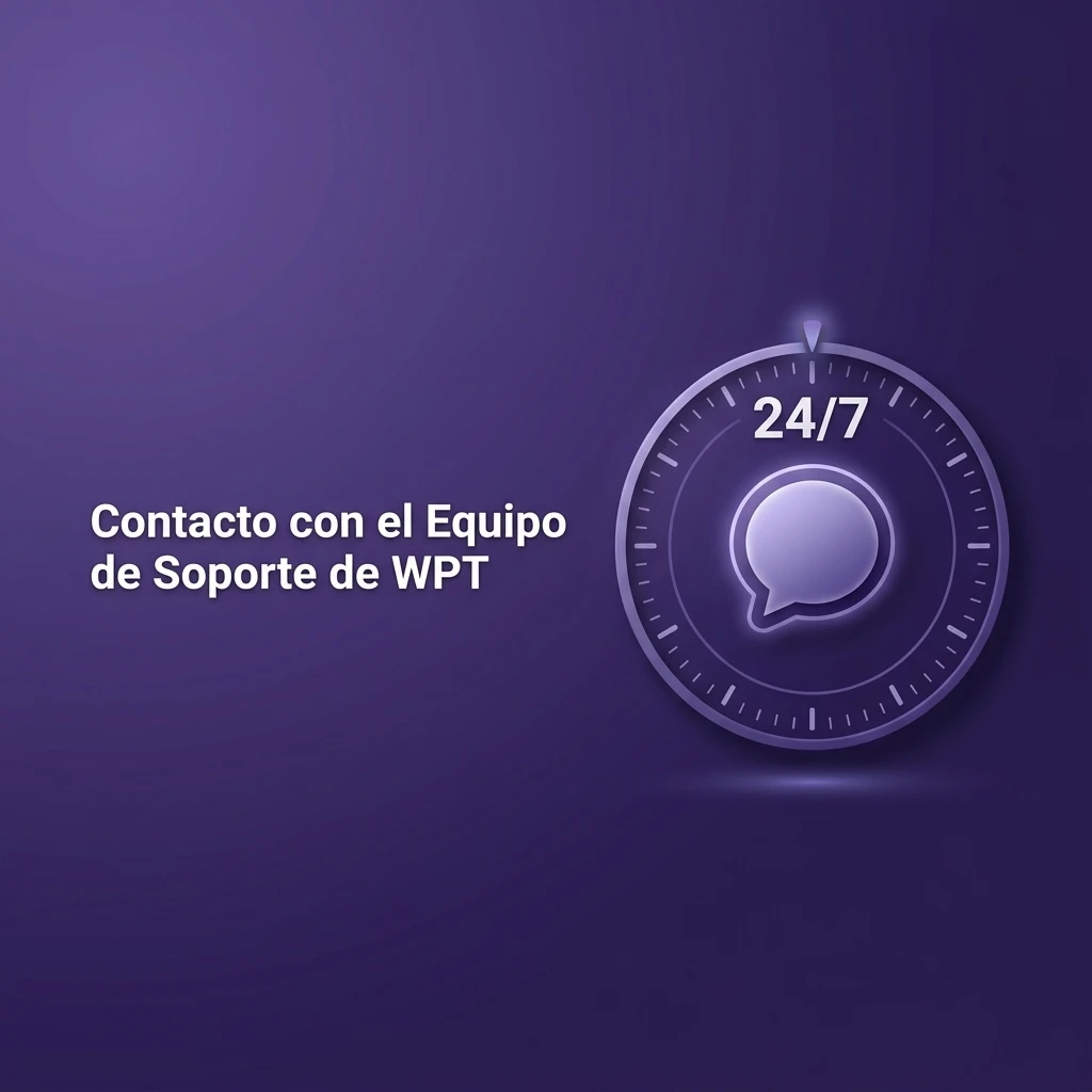 Equipo de soporte de WPT disponible 24/7 por chat en vivo, correo electrónico y sección de ayuda para pagos