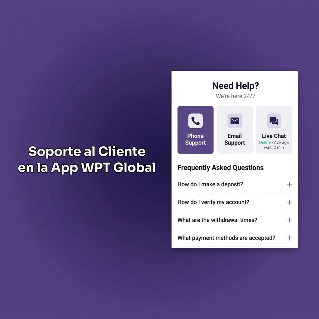 Soporte al cliente WPT Global en español: chat en vivo 24/7, correo y FAQ disponibles en la app